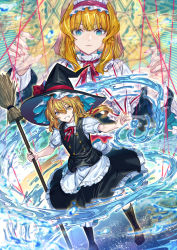 Rule 34 | 2girls, alice margatroid, apron, black skirt, blonde hair, blue eyes, boots, bow, braid, broom, buttons, commentary request, double-breasted, hairband, hat, hat bow, highres, holding, holding broom, hydrokinesis, kirisame marisa, lolita hairband, long sleeves, looking at viewer, magic circle, multiple girls, neck ribbon, petticoat, red bow, red neckwear, ribbon, short sleeves, single braid, skirt, smile, touhou, vest, waist apron, water, witch hat, yellow eyes, zounose