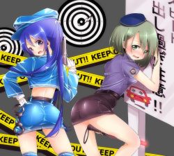 Rule 34 | 2girls, ass, belt, blue hair, blush, car, cowboy shot, cuffs, gloves, green eyes, gun, handcuffs, handgun, hat, holding, holding gun, holding weapon, long hair, long sleeves, looking at viewer, looking back, looking to the side, midriff, motor vehicle, multiple girls, nobinonki, open mouth, original, pistol, skirt, smile, standing, tape, target, translation request, twintails, vehicle, wavy mouth, weapon, white gloves