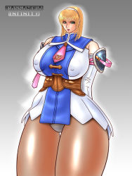 Rule 34 | 1girl, armor, arms behind back, bare shoulders, belt, blonde hair, breasts, cassandra alexandra, covered erect nipples, curvy, emblem, female focus, gradient background, green eyes, hairband, hip focus, huge breasts, infinity symbol, namco, necktie, open mouth, panties, pantyhose, pantyshot, solo, soul calibur, soulcalibur, soulcalibur ii, standing, underwear, white panties, wide hips