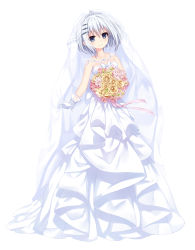 Rule 34 | 1girl, absurdres, artist name, bare shoulders, blue eyes, blush, bouquet, breasts, bridal veil, collarbone, date a live, diadem, dress, flower, full body, gloves, hair between eyes, highres, holding, holding bouquet, looking at viewer, neps-l, short hair, silver hair, simple background, small breasts, smile, solo, tobiichi origami, veil, wedding dress, white background, white dress, white gloves