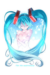 Rule 34 | 1girl, aqua hair, breasts, closed eyes, halo, hatsune miku, highres, long hair, nude, small breasts, smile, solo, twintails, very long hair, vocaloid, yuuzii