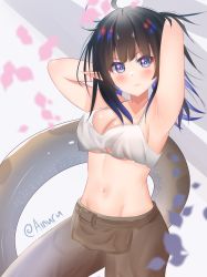 Rule 34 | 1girl, absurdres, ainuru, arknights, arm up, armpits, arms behind head, black hair, blue eyes, blush, breasts, brown pants, camisole, commentary, cowboy shot, crop top, english commentary, eunectes (arknights), eunectes (forgemaster) (arknights), highres, large breasts, midriff, navel, pants, petals, pointy ears, short hair, snake tail, solo, spaghetti strap, standing, stomach, tail