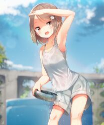 1girl :d armpits bare_arms bare_shoulders blue_sky blurry blurry_background blush breasts brown_eyes brown_hair child cloud cloudy_sky commentary day fang hair_ornament hairclip highres holding knees liely looking_at_viewer open_mouth original outdoors shirt short_hair shorts sky sleeveless small_breasts smile solo standing symbol-only_commentary tank_top tree variant_set water wet wet_clothes wet_shirt white_shirt white_shorts