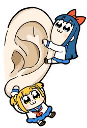 Rule 34 | 2girls, :3, bkub, blue eyes, blue hair, blue sailor collar, blue skirt, blush, blush stickers, bow, brown footwear, commentary, disembodied appendage, dot nose, ear focus, hair bow, hair ornament, hair scrunchie, handkerchief, hanging, highres, light blush, long hair, multiple girls, neckerchief, orange hair, pipimi, poptepipic, popuko, red bow, red neckerchief, sailor collar, school uniform, scrunchie, serafuku, shirt, shoes, short hair, short twintails, sidelocks, simple background, skirt, socks, twintails, two side up, white background, white legwear, white shirt, yellow eyes, yellow scrunchie