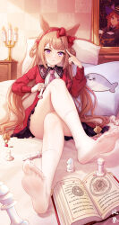 Rule 34 | 1girl, absurdres, alternate costume, barefoot, bishop (chess), board game, book, bow, brown hair, chess, chess piece, commentary request, dress, ear bow, ear covers, feet, fish, hair rings, hairband, hat, highres, holding chess piece, horse girl, kazamatsuri honatsu, long hair, long sleeves, nail polish, necktie, on bed, pawn (chess), pillow, purple eyes, purple necktie, red dress, red hairband, red nails, socks, soles, solo, sweep tosho (umamusume), toenail polish, toenails, toes, umamusume, very long hair, white socks, witch hat