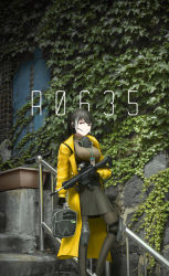 Rule 34 | 1girl, absurdres, adapted costume, bag, black gloves, black hair, breasts, coat, colt 9mm smg, commentary, earpiece, english commentary, gas mask, girls&#039; frontline, gloves, gun, heterochromia, highres, huge filesize, id card, ivy, knee pads, lanyard, large breasts, looking at viewer, mask, mask around neck, mod3 (girls&#039; frontline), multicolored hair, outdoors, overgrown, red eyes, ro635 (girls&#039; frontline), ro635 (mod3) (girls&#039; frontline), ryan greythorn, solo, standing, streaked hair, submachine gun, weapon, white hair, yellow coat, yellow eyes