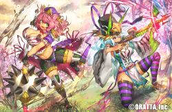 Rule 34 | 2girls, animal ears, armor, bike shorts, bow (weapon), breastplate, breasts, cat ears, china dress, chinese clothes, crossbow, dress, green eyes, hat, hat ribbon, large breasts, long hair, mace, melon22, multiple girls, navel, official art, open mouth, original, pink eyes, pink hair, ribbon, showgirl skirt, side slit, silver hair, smile, spiked mace, spikes, striped clothes, striped legwear, striped thighhighs, tail, thighhighs, thighs, very long hair, weapon, wide sleeves