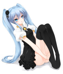 Rule 34 | 1girl, bad id, bad pixiv id, black dress, blue eyes, blue hair, blush, dress, full body, hair ornament, handheld game console, high heels, hugging own legs, juna, legs, long hair, matching hair/eyes, open mouth, original, personification, playstation vita, shadow, shoes, short dress, sidelocks, simple background, sitting, solo, thighhighs, tsurime, twintails, very long hair