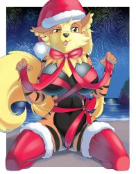 Rule 34 | 1girl, :3, animal ears, arcanine, beach, blonde hair, border, bow, breasts, cameltoe, christmas, creatures (company), female focus, fireworks, full body, fur trim, furry, furry female, game freak, gen 1 pokemon, green eyes, half-closed eyes, hands up, hat, highres, holding, kneeling, large breasts, looking at viewer, naked ribbon, night, night sky, nintendo, nude, ocean, outdoors, partially visible vulva, personification, pokemon, pokemon (creature), pokemon rgby, raised eyebrow, red bow, red hat, red ribbon, red thighhighs, ribbon, santa hat, skindentation, sky, smile, solo, spread legs, tail, thighhighs, tongue, tongue out, unicornlord, water, white border