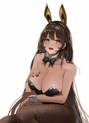 Rule 34 | 1girl, :d, absurdres, animal ear headwear, animal ears, anizi, arm under breasts, bare shoulders, black bow, black leotard, black nails, blush, bow, breasts, brown eyes, brown hair, brown pantyhose, cleavage, collarbone, dark-skinned female, dark skin, detached collar, fake animal ears, fishnet pantyhose, fishnets, goddess of victory: nikke, hand on own chest, highres, large breasts, leotard, long hair, nail polish, noir (nikke), open mouth, pantyhose, playboy bunny, rabbit ears, simple background, sitting, smile, solo, strapless, strapless leotard, very long hair, white background