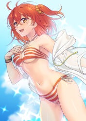 1girl bikini breasts command_spell commentary_request fate/grand_order fate_(series) floating_hair fujimaru_ritsuka_(female) fujimaru_ritsuka_(female)_(brilliant_summer) hair_between_eyes hair_ornament hair_scrunchie looking_at_viewer medium_breasts navel orange_eyes orange_hair scrunchie side_ponytail signature solo stomach swimsuit yellow_scrunchie zanshi