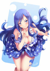 Rule 34 | 1girl, arm up, bad id, bad pixiv id, bare shoulders, bikini, bikini skirt, blue bikini, blue eyes, blue hair, blush, breasts, cleavage, closed mouth, collarbone, commentary request, fairy tail, finger to mouth, frilled bikini, frills, front-tie bikini top, front-tie top, gainoob, juvia lockser, large breasts, long hair, looking at viewer, polka dot, polka dot bikini, signature, simple background, smile, solo, swimsuit, tattoo, thigh gap
