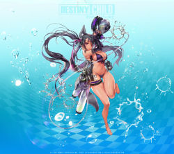 Rule 34 | 1girl, animal ears, annie (destiny child), arms up, artist request, asymmetrical bangs, barefoot, belt, bikini, black hair, blush, braid, breasts, cleavage, dark-skinned female, dark skin, destiny child, elbow gloves, explosive, fingerless gloves, floating hair, frilled straps, frills, front-tie bikini top, front-tie top, full body, furrowed brow, glint, gloves, gluteal fold, grenade, hair ribbon, highleg, highleg bikini, highres, holding, holding weapon, large breasts, leg up, lips, long hair, looking at viewer, navel, official art, parted lips, purple bikini, purple eyes, purple gloves, ribbon, solo, stomach, string bikini, swimsuit, tail, thigh strap, thighs, thong bikini, toes, twintails, very long hair, water, water drop, water gun, weapon, wet