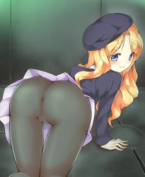 Rule 34 | 1girl, all fours, anus, ass, ass focus, bent over, beret, black pantyhose, blonde hair, blue eyes, blush, cowboy shot, curly hair, frenda seivelun, from behind, grin, hat, josephine (twin tail rabbit), long hair, long sleeves, looking at viewer, no panties, pantyhose, parted bangs, pussy, school uniform, smile, solo, tareme, toaru majutsu no index