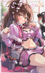 Rule 34 | 1girl, animal, animal ears, bell, belt, black belt, blush, bow, bowtie, bra, breasts, brown hair, capelet, cat ears, christmas ornaments, christmas tree, clenched hands, commission, demon tail, earrings, fake animal ears, fur-trimmed capelet, fur-trimmed sleeves, fur trim, hair bow, heterochromia, highres, jewelry, kneehighs, midriff, navel, neck bell, orange eyes, original, pink bow, pink bowtie, pink skirt, plaid capelet, plaid sleeves, pom pom (clothes), ponytail, purple bra, purple capelet, purple sleeves, red bow, red bowtie, red nails, sitting, skeb commission, skirt, socks, solo, star (symbol), star earrings, stomach, tail, trente, twitter username, two-tone bowtie, underwear, white socks, yellow eyes