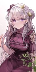 Rule 34 | 1girl, adjusting hair, blush, braid, closed mouth, commentary, dress, earrings, expressionless, frilled dress, frills, hair ornament, hair ribbon, hand up, highres, jewelry, lace, long hair, looking at viewer, original, puracotte, purple dress, purple eyes, purple ribbon, ribbon, simple background, sitting, solo, symbol-only commentary, white background, white hair