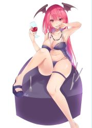 Rule 34 | 1girl, babydoll, black babydoll, black footwear, breasts, cleavage, cup, demon girl, drinking glass, fork, full body, head wings, jewelry, knife, koakuma, large breasts, long hair, looking at viewer, nail polish, natsuki (ukiwakudasai), navel, necklace, red eyes, red hair, shoes, simple background, sitting, solo, touhou, white background, wine glass, wings