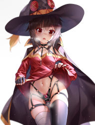 Rule 34 | 1girl, bandaged leg, bandages, belt, black choker, black thighhighs, blush, breasts, cape, choker, commentary request, dress, fingerless gloves, ginklaga, gloves, hat, highres, kono subarashii sekai ni shukufuku wo!, looking at viewer, megumin, navel, o-ring, object insertion, open mouth, red dress, red eyes, sex toy, short hair, simple background, single thighhigh, solo, tears, thighhighs, vibrator, white background, witch hat