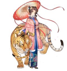 Rule 34 | 1girl, abacus, animal ears, ark order, armpits, blue dress, breasts, brown eyes, brown hair, coat, dress, floral print, flower, folded ponytail, full body, fur-trimmed coat, fur trim, gold trim, hair flower, hair ornament, hatoyama itsuru, holding, holding umbrella, large breasts, looking at viewer, official art, oil-paper umbrella, pink coat, red flower, shawl, short sleeves, sidelocks, smile, solo, tachi-e, tiger, tiger (ark order), tiger ears, transparent background, umbrella