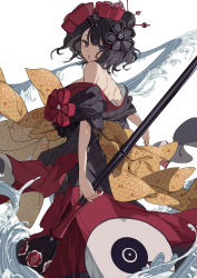Rule 34 | 1girl, absurdres, back, black hair, blue eyes, breasts, calligraphy brush, cowboy shot, fate/grand order, fate (series), flower, hair bun, hair flower, hair ornament, hair stick, hairpin, highres, japanese clothes, katsushika hokusai (fate), kikkoumon, kimono, looking at viewer, looking back, medium breasts, off shoulder, open mouth, oversized object, paintbrush, short hair, sideboob, simple background, single hair bun, solo, water, waves, white background, zhibuji loom