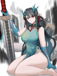 Rule 34 | 1girl, aqua dress, arknights, bare legs, bare shoulders, barefoot, black hair, breasts, china dress, chinese clothes, dress, dusk (arknights), dusk (everything is a miracle) (arknights), highres, horns, large breasts, looking at viewer, official alternate costume, planted, planted sword, planted weapon, pointy ears, red eyes, sitting, sleeveless, sleeveless dress, solo, sword, thick thighs, thighs, tofudofu, wariza, weapon