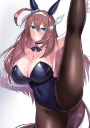 Rule 34 | 1girl, absurdres, ahoge, animal ears, bare shoulders, black leotard, black pantyhose, blue eyes, blush, breasts, brown hair, cela f, cleavage, closed mouth, commentary request, detached collar, ear ornament, elbow gloves, gloves, hair ornament, hairclip, highleg, highleg leotard, highres, horse ears, horse girl, horse tail, kneepits, large breasts, leotard, long hair, mihono bourbon (umamusume), nontraditional playboy bunny, pantyhose, silver hairband, simple background, solo, split, standing, standing on one leg, standing split, strapless, strapless leotard, tail, umamusume, very long hair, white background, white gloves
