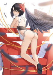 Rule 34 | 1girl, absurdres, alternate costume, ass, back, bird wings, black feathers, black footwear, black hair, breasts, chain, chair, closed mouth, feathers, from behind, full body, genshin impact, highres, kujou sara, leaning forward, legs, looking at viewer, looking back, lordol, mask, mask on head, medium breasts, red mask, revealing clothes, short hair, sideboob, solo, swept bangs, thighs, wings, yellow eyes