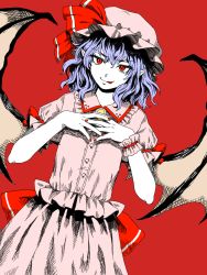 Rule 34 | 1girl, :p, bat wings, bow, brooch, buttons, closed mouth, cowboy shot, dress, dutch angle, eyelashes, flat chest, frilled shirt collar, frills, hair between eyes, hands up, hat, hat bow, highres, jewelry, kuya (hey36253625), looking at viewer, mob cap, pointy ears, puffy short sleeves, puffy sleeves, purple hair, red background, red bow, red eyes, remilia scarlet, short hair, short sleeves, simple background, solo, tongue, tongue out, touhou, white dress, white hat, wings, wrist cuffs