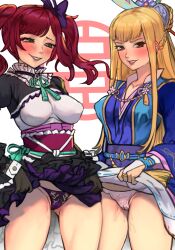 Rule 34 | 2girls, ass, black gloves, blonde hair, blue kimono, blunt bangs, blush, braid, breasts, brown eyes, cameltoe, chacha, chacha (sengoku musou), cleft of venus, clothes lift, collar, collarbone, collared dress, dress, eyebrows, eyelashes, flashing, frilled dress, frilled shirt collar, frilled skirt, frills, gloves, gluteal fold, goth fashion, green eyes, grin, hair bun, hair ornament, hair ribbon, highres, hosokawa gracia, japanese clothes, jewelry, kimono, kimono skirt, lace, lace-trimmed panties, lace trim, large breasts, legs, lingerie, lips, lipstick, long bangs, long hair, long sleeves, looking at viewer, makeup, medium hair, multiple girls, necklace, obi, panties, ponytail, purple panties, pussy juice, pussy juice drip through clothes, pussy juice stain, pussy juice trail, r123, red hair, ribbon, ring, sash, sengoku musou, skirt, skirt lift, smile, swept bangs, teasing, teeth, thighs, tight clothes, twintails, underwear, wet, wet clothes, wet panties, white background, white panties, wrist cuffs