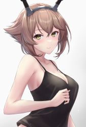 Rule 34 | 1girl, black camisole, breasts, brown hair, camisole, cleavage, closed mouth, collarbone, gradient background, green eyes, hair between eyes, headgear, highres, kantai collection, large breasts, looking at viewer, monoku, mutsu (kancolle), short hair, smile, solo, upper body