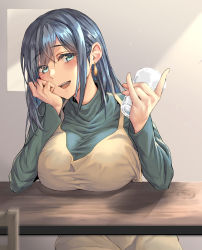 Rule 34 | 1girl, apron, blue eyes, blue hair, blush, breasts, cup, drinking glass, earrings, green sweater, hair between eyes, highres, holding, holding cup, jewelry, kantai collection, kokuzou, large breasts, long hair, long sleeves, official alternate costume, open mouth, smile, solo, souryuu (kancolle), sweater, yellow apron