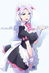 Rule 34 | 1girl, akiba maid sensou, animal ears, apron, black dress, blue eyes, bow, bowtie, breasts, commentary request, dated, dress, eyes visible through hair, fake animal ears, frilled apron, frilled dress, frills, from side, hand up, highres, large breasts, long hair, looking at viewer, maid, maid apron, maid headdress, nii manabu, pantyhose, pig ears, pig snout, pink bow, pink bowtie, puffy short sleeves, puffy sleeves, purple hair, short sleeves, signature, smile, solo, swept bangs, white apron, white pantyhose, wrist cuffs, zoya (akiba maid sensou)