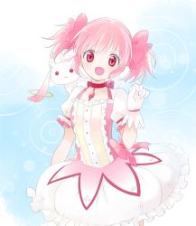 Rule 34 | 1girl, :d, arm at side, bubble skirt, buttons, choker, collarbone, creature, creature on shoulder, dot nose, eyelashes, flat chest, floating hair, frilled skirt, frilled sleeves, frills, glint, gloves, gradient background, hair ribbon, hand up, happy, kaname madoka, kyubey, lens flare, blue background, light blush, mahou shoujo madoka magica, mahou shoujo madoka magica (anime), miyama rikka, on shoulder, open mouth, pastel colors, pink eyes, pink hair, pink ribbon, puffy short sleeves, puffy sleeves, red choker, red neckwear, ribbon, ribbon choker, ripples, short sleeves, simple background, skirt, smile, solo, soul gem, tareme, twintails, upper body, white gloves, white skirt