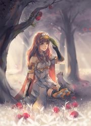 Rule 34 | 1girl, anocurry, armor, bird, cape, celica (fire emblem), dress, fingerless gloves, fire emblem, fire emblem echoes: shadows of valentia, forest, gloves, jewelry, long hair, nature, nintendo, red eyes, red hair, smile, solo, tiara