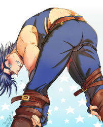 Rule 34 | 1boy, 2016, battle tendency, belt, bent over, blue eyes, blue gloves, blue hair, boots, bulge, crop top, dated, fingerless gloves, from behind, gloves, grin, highres, jojo no kimyou na bouken, joseph joestar, joseph joestar (young), looking at viewer, male focus, matching hair/eyes, muscular, nagisa (friendly820706), profile, signature, smile, solo, star (symbol), starry background, sweat
