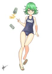 Rule 34 | 10s, 1girl, 2015, bad id, bad pixiv id, blush, covered navel, dated, full body, gogongzid, green eyes, green hair, highres, matching hair/eyes, one-piece swimsuit, one-punch man, pout, sandals, school swimsuit, short hair, simple background, solo, swimsuit, tatsumaki, telekinesis, white background
