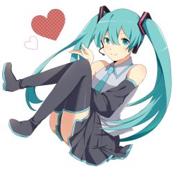Rule 34 | 1girl, aqua eyes, aqua hair, bad id, bad pixiv id, bare shoulders, boots, detached sleeves, full body, hair ornament, hatsune miku, headset, heart, long hair, looking at viewer, necktie, sakuraba hinano, simple background, sitting, skirt, smile, solo, thighhighs, twintails, vocaloid, white background