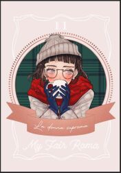 Rule 34 | 1girl, alternate costume, beanie, black border, blue gloves, blunt bangs, blush, border, brown hair, cover, cup, earrings, glasses, gloves, grey eyes, grey hat, hat, holding, holding cup, jewelry, joi kun (senzai hiyori), kantai collection, long sleeves, mug, pince-nez, red scarf, roma (kancolle), scarf, short hair, solo, upper body, winter clothes