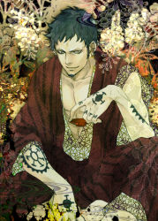 Rule 34 | 1boy, alcohol, alternate costume, drinking, earrings, facial hair, flower, goatee, indian style, japanese clothes, jewelry, looking at viewer, male focus, one piece, open clothes, pirate, sake, sitting, solo, tattoo, trafalgar law