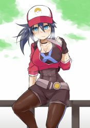 Rule 34 | 10s, 1girl, abs, backpack, bag, blue eyes, blue hair, blush, breasts, brown pantyhose, choker, cleavage, cosplay, covered navel, creatures (company), female protagonist (pokemon go), female protagonist (pokemon go) (cosplay), fingerless gloves, game freak, gloves, hair between eyes, imura (shiro maru), jacket, large breasts, long hair, looking to the side, matching hair/eyes, nintendo, open clothes, open jacket, original, pantyhose, pantyhose under shorts, pokemon, pokemon go, shiro maru, shorts, sitting, solo, sweat