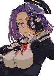 Rule 34 | 1girl, black gloves, breasts, closed mouth, commentary request, dress, gloves, halo, higaragi, highres, kantai collection, large breasts, long sleeves, looking back, mechanical halo, neck ribbon, ok sign, ok sign over eye, purple eyes, purple hair, red ribbon, ribbon, short hair, simple background, solo, tatsuta (kancolle), upper body, white background