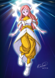 Rule 34 | 10s, 1girl, aura, bare shoulders, boots, chronoa, colored skin, dated, dragon ball, dragon ball heroes, dragon ball xenoverse, earrings, female focus, full body, jewelry, karoine, long hair, pink skin, pointy ears, smile, supreme kai of time