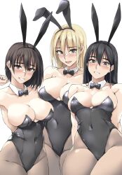 Rule 34 | 3girls, animal ears, black bow, black bowtie, black hair, black leotard, blonde hair, blush, bow, bowtie, breasts, brown hair, brown pantyhose, cleavage, collarbone, commentary request, covered navel, detached collar, fake animal ears, hair between eyes, highleg, highleg leotard, highres, large breasts, leotard, long hair, looking at viewer, mole, mole under eye, mole under mouth, multiple girls, open mouth, original, pantyhose, parted lips, playboy bunny, rabbit ears, short hair, smile, strapless, strapless leotard, white background, zekkyon