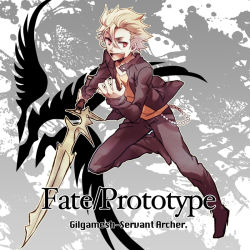 Rule 34 | 1boy, gilgamesh (fate/prototype), blonde hair, casual, character name, command spell, copyright name, fate/prototype, fate (series), male focus, red eyes, solo, sword, takasaki (rock rock), weapon