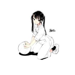 Rule 34 | 1girl, ball, black hair, character request, closed mouth, dated, ejami, kneeling, long hair, looking at viewer, monochrome, overalls, signature, simple background, solo, twintails, white background