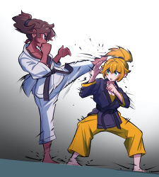 Rule 34 | 2girls, amazu (kurozu), barefoot, blonde hair, blue eyes, breasts, brown eyes, brown hair, cleavage, commentary, commission, dougi, english commentary, gradient background, grey background, hair between eyes, highres, karate gi, kicking, long sleeves, medium breasts, multiple girls, open mouth, original, pants, ponytail, profile, standing, standing on one leg, v-shaped eyebrows, white background, white pants, wide sleeves, yellow pants