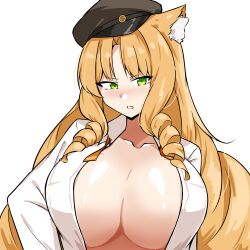 1girl absurdres animal_ear_fluff animal_ears arknights blonde_hair breasts brown_hat cleavage collarbone commentary_request embarrassed green_eyes hair_intakes hat highres large_breasts light_frown long_hair open_clothes open_shirt parted_bangs shirt simple_background solo split_mouth swire_(arknights) upper_body white_background white_shirt xibu_cai