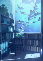 Rule 34 | artist name, book, bookshelf, chair, commentary request, highres, indoors, no humans, original, scenery, shadow, smile (qd4nsvik), stingray, watermark, window