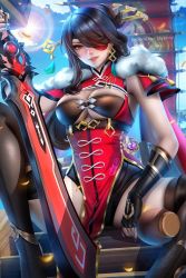 Rule 34 | 1girl, ayya sap, ayya sap, beidou (genshin impact), black hair, black thighhighs, breasts, capelet, cleavage, cleavage cutout, clothing cutout, eyepatch, fur-trimmed capelet, fur trim, genshin impact, gloves, hair over one eye, holding, holding sword, holding weapon, large breasts, lips, looking at viewer, one eye covered, parted lips, pelvic curtain, sitting, skindentation, smile, solo, spread legs, sword, thighhighs, underboob, weapon
