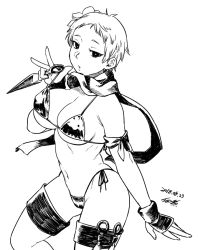 Rule 34 | 1girl, bra, bracer, breasts, character request, dated, flower, greyscale, hair flower, hair ornament, highleg, highleg panties, kunai, large breasts, leg strap, looking at viewer, monochrome, navel, ninja, original, panties, parted lips, scarf, short hair, side-tie panties, signature, simple background, solo, standing, thigh strap, tsukudani (coke-buta), underwear, weapon, white background